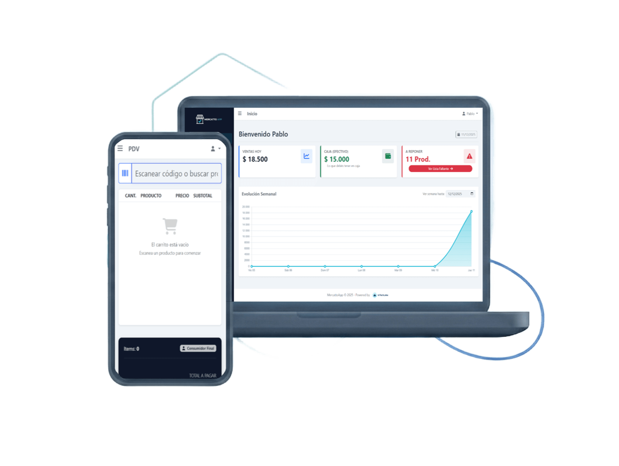 Visualización de Mercatto App en dispositivos móviles y desktop